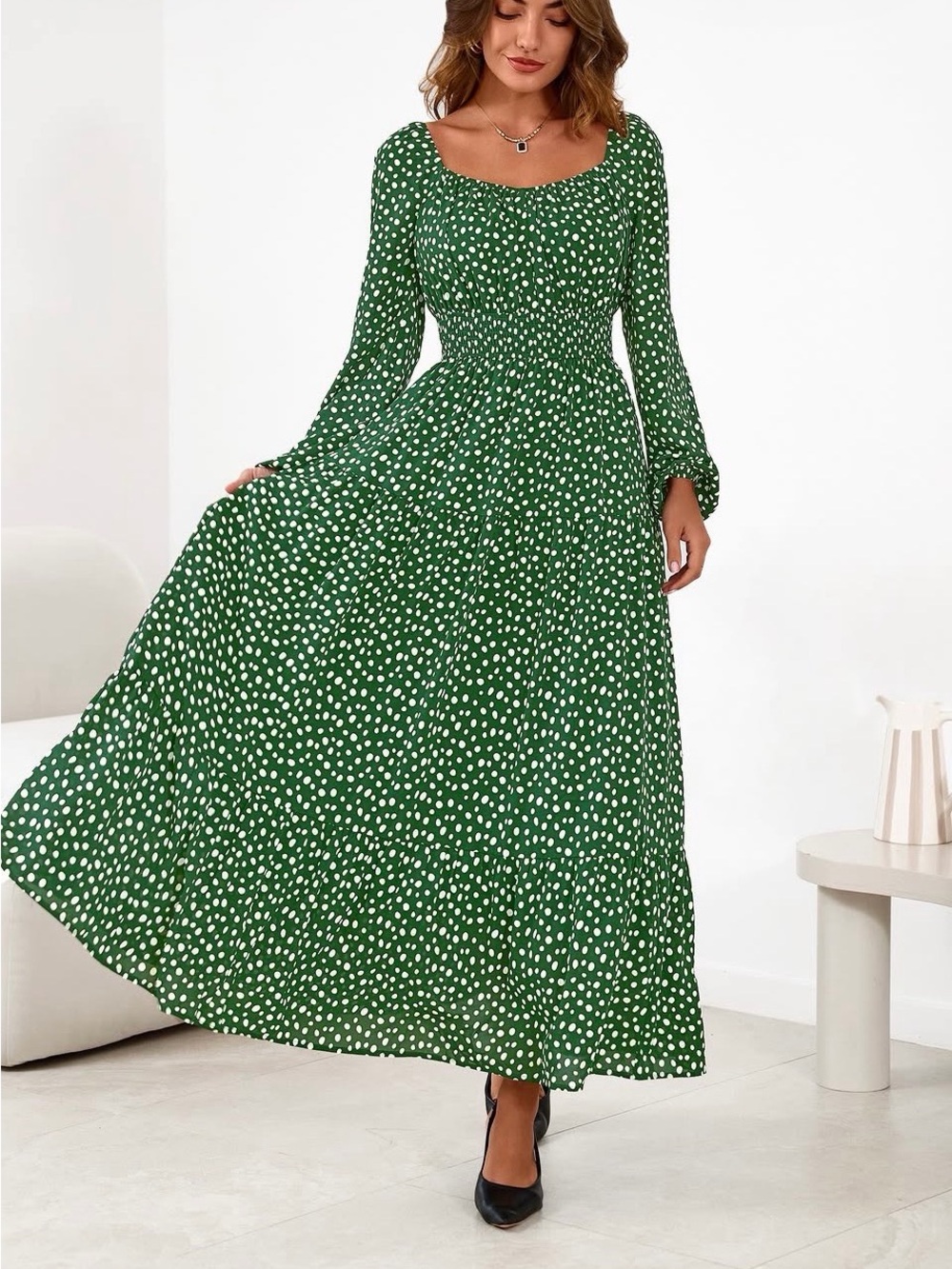 NWT - Green Polka Dot Maxi Dress with Smocked Waist